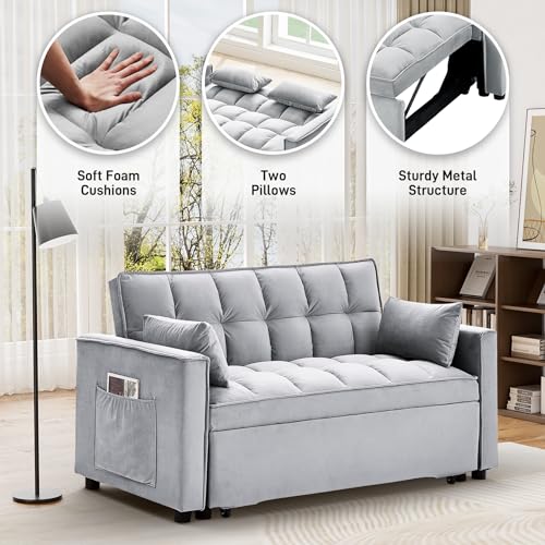 Convertible Sleeper Sofa Bed, Velvet Pull Out Couch Bed,3-in-1 Convertible Upholstered Loveseat Sofa,Velvet Futon Couch with Adjustable Backrest for Living Room,Dark Grey