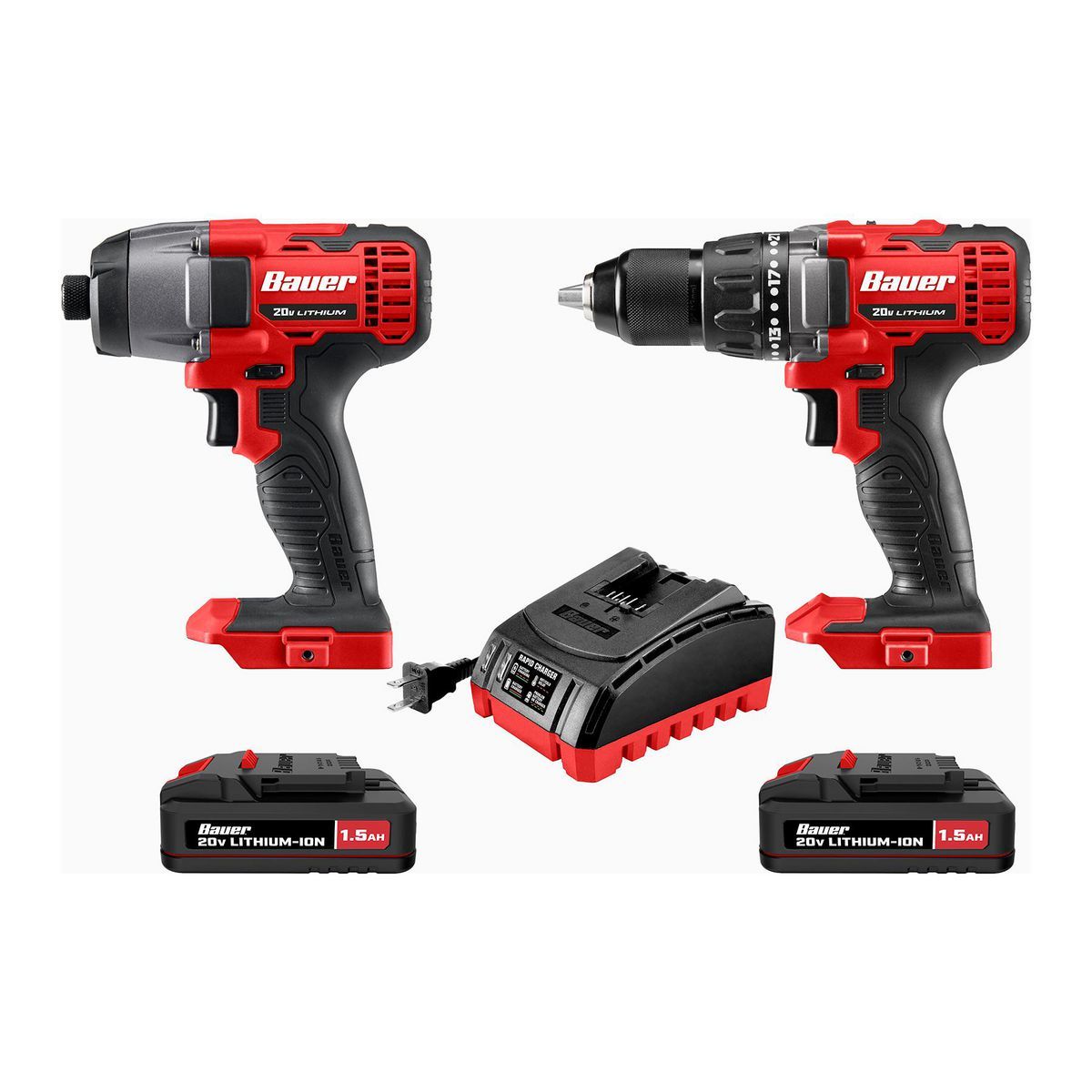BAUER 20V, 2-Tool Cordless Drill and Impact Driver Kit with (2) 1.5 Ah Batteries and Charger