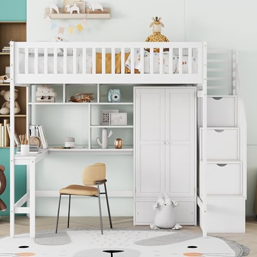 Full Size Loft Bed with Wardrobe Desk Storage Stairs, Wood Loft Bed Frame with Bookcase and Drawers, High Loft Bedframe for Kids Teens Adults, No Box Spring Needed, Espresso