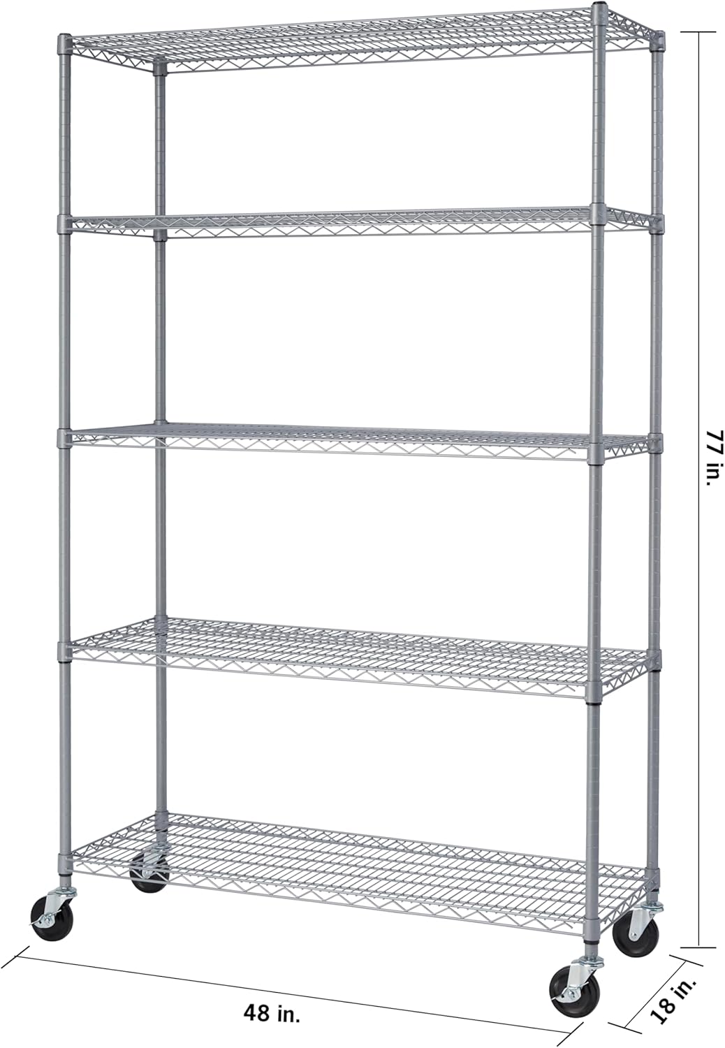 TRINITY EcoStorage Heavy Duty 5-Tier Adjustable Wire Shelving with Wheels for Outdoor Use, Garage Storage and More, NSF Certified, 800-4000 Lb Capacity, Gray, 48" W X 18" D X 72-77" H