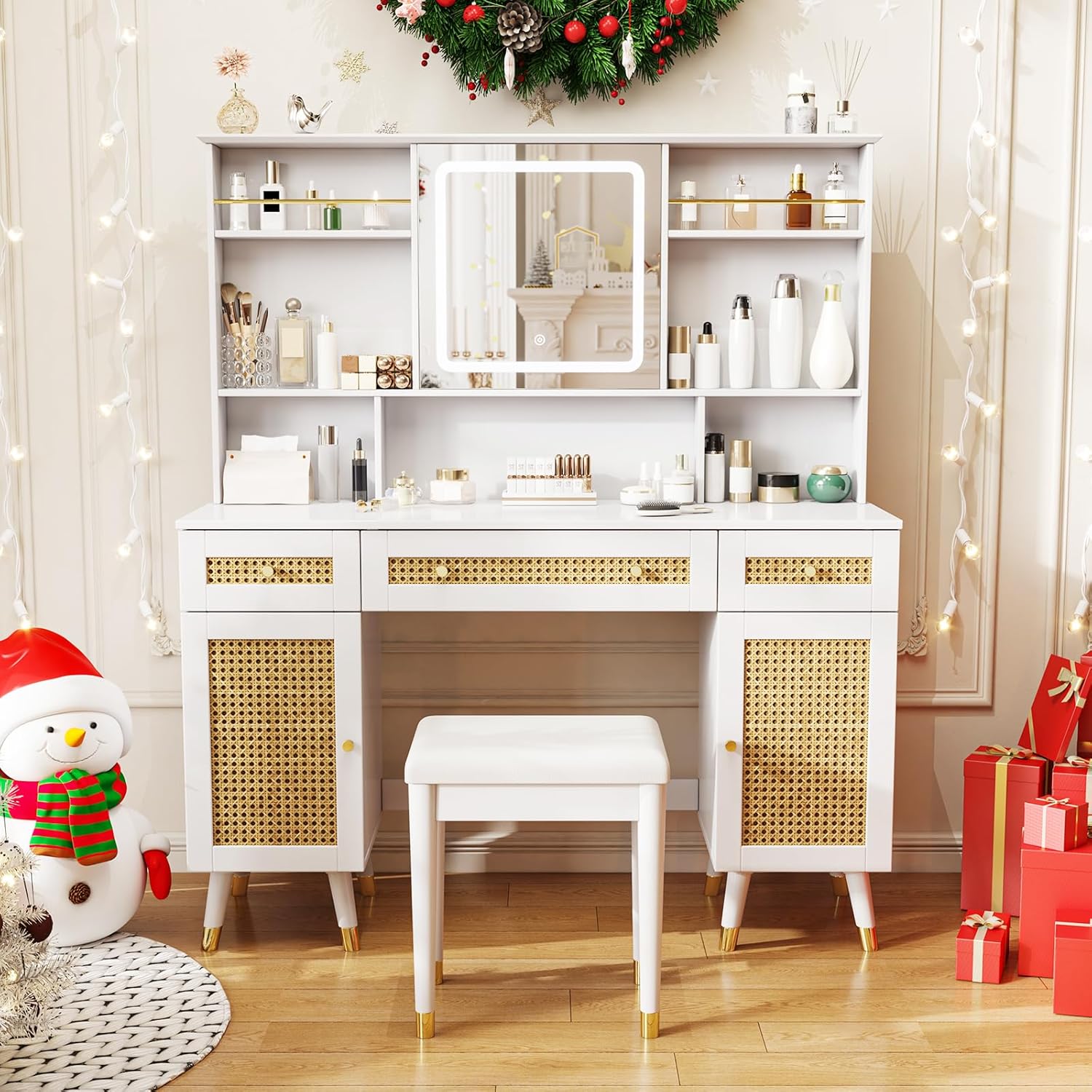 AMERLIFE 47in Rattan Makeup Vanity Desk with Mirror and Lights, Modern Big Vanity Table with Drawers & Shelves, Boho Vanity Set with Rattan Door Cabinets for Women, Bedroom, Stool Included, White
