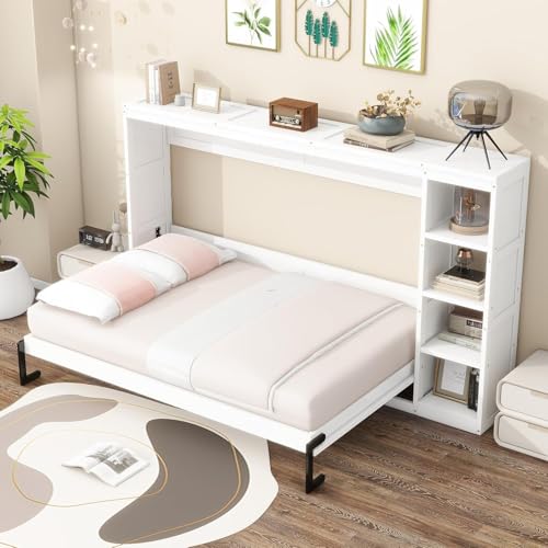 Full Murphy Bed with Storage Shelves,Wood Murphy Bed Cabinet with Storage Bookcase,Fold Up Bed Modern Murphy Wall Bed Full Size (White,Full)