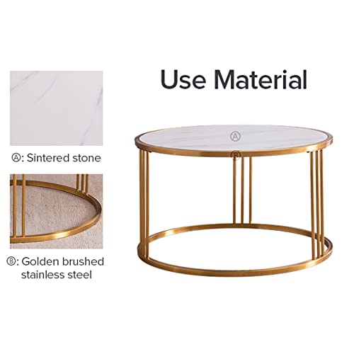 30.7" Round Coffee Table Sintered Stone End Table with Golden Stainless Steel Frame Console Table Modern Living Room Center Cocktail Table for Apartment Home Office