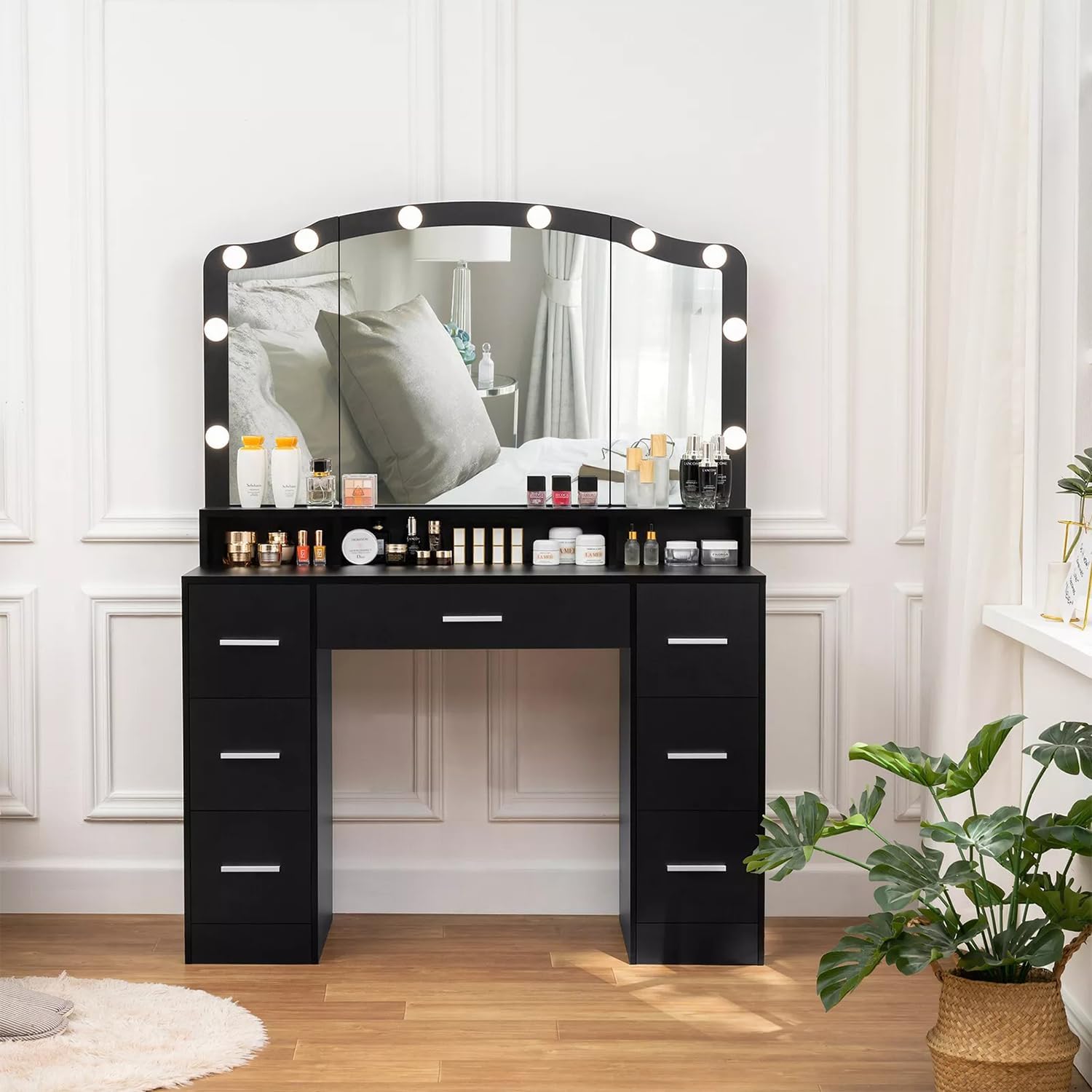 Modern 43.3 inches Black Vanity Desk with Large Lighted Mirror Makeup Vanity Table LED Lights 7 Drawers Storage Shelf Shelves Dressing Drawer Dresser Bedroom Home Wood New