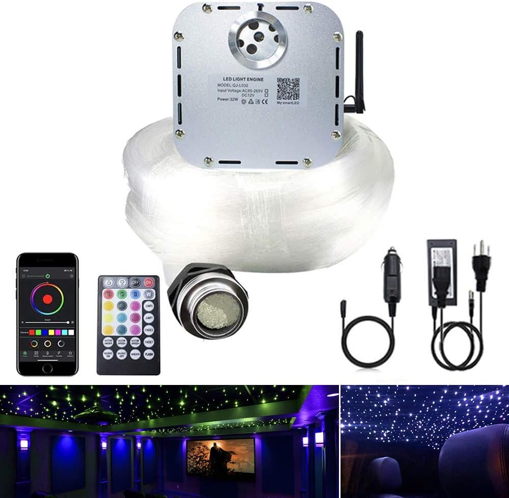 AKEPO Car Home Use 32W RGBW Twinkle+ Sound Activated+ APP Fiber Optic Lights Kit Star Ceiling Sky Light with Total 800pcs in 13.1ft/4m + 9.8ft/3m Long Optical Fiber Cable for Indoor or Interior Decor