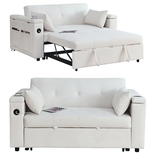3 in 1 Convertible Sofa Bed 54" Pull Out Couch Bed Chenille 2-Seater Sleeper Sofa Bed with USB Power Outlet,Pillow and Side Pockets, Adjustable Backrest for Apartments, Office, Living Room (White)