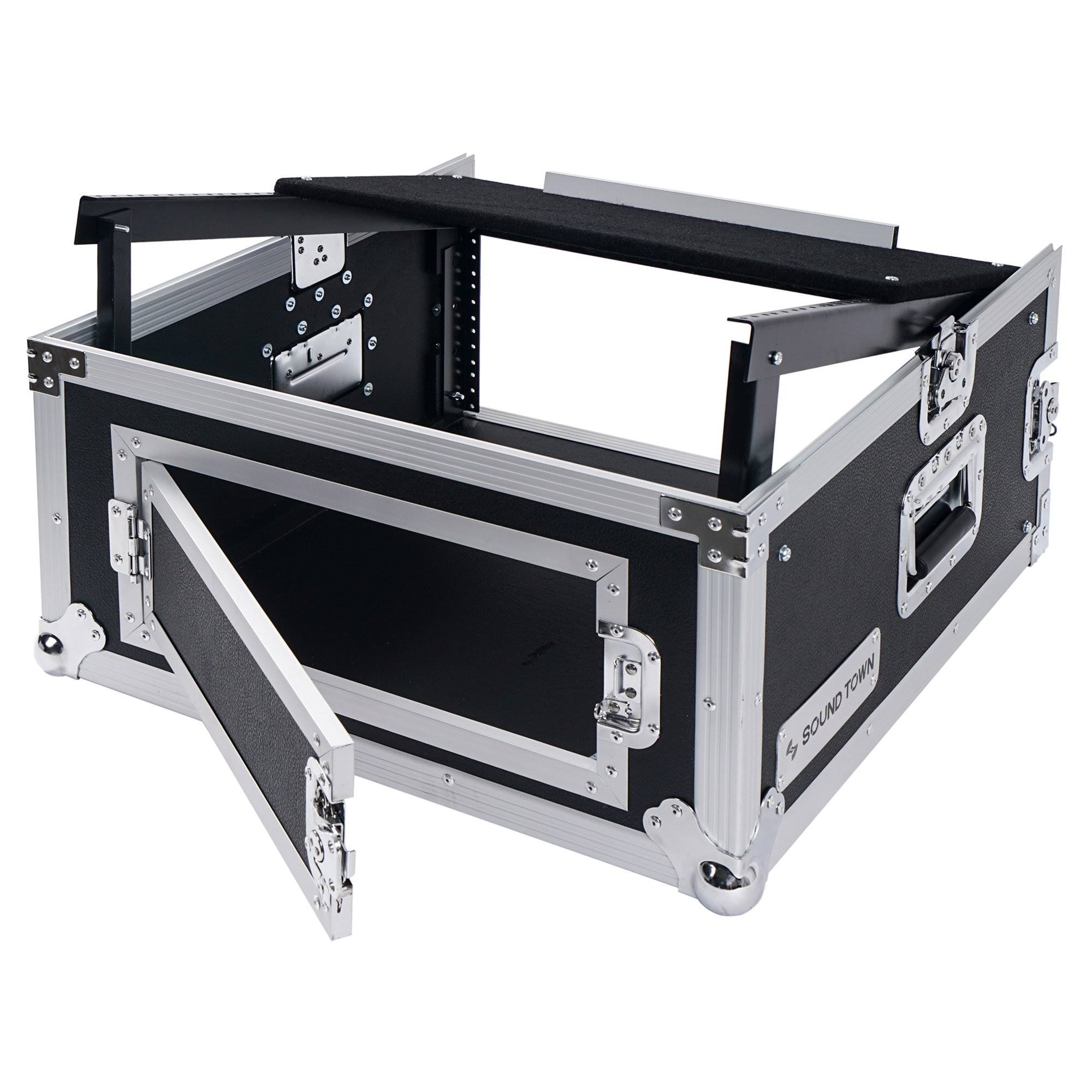 Sound Town 4U PA DJ Rack/Flight/Road Case with 11U Slant Mixer Top, 20 Rackable Depth, 4-Space Size (stmr-4us)