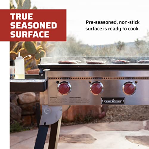 Camp Chef Portable Flat Top Grill 600 - Portable Outdoor Gas Grill with Griddle Grease Drain & Pre-Seasoned Surface - 604 Sq In Cooking Area - Black