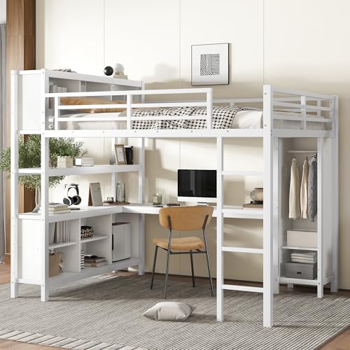 Linique Metal Loft Bed with Wardrobe & L-Shaped Desk - Sturdy Space-Saving Loft Bed Includes Storage Cubes, Shelves for Kids, Teens, Adults (White, Queen)