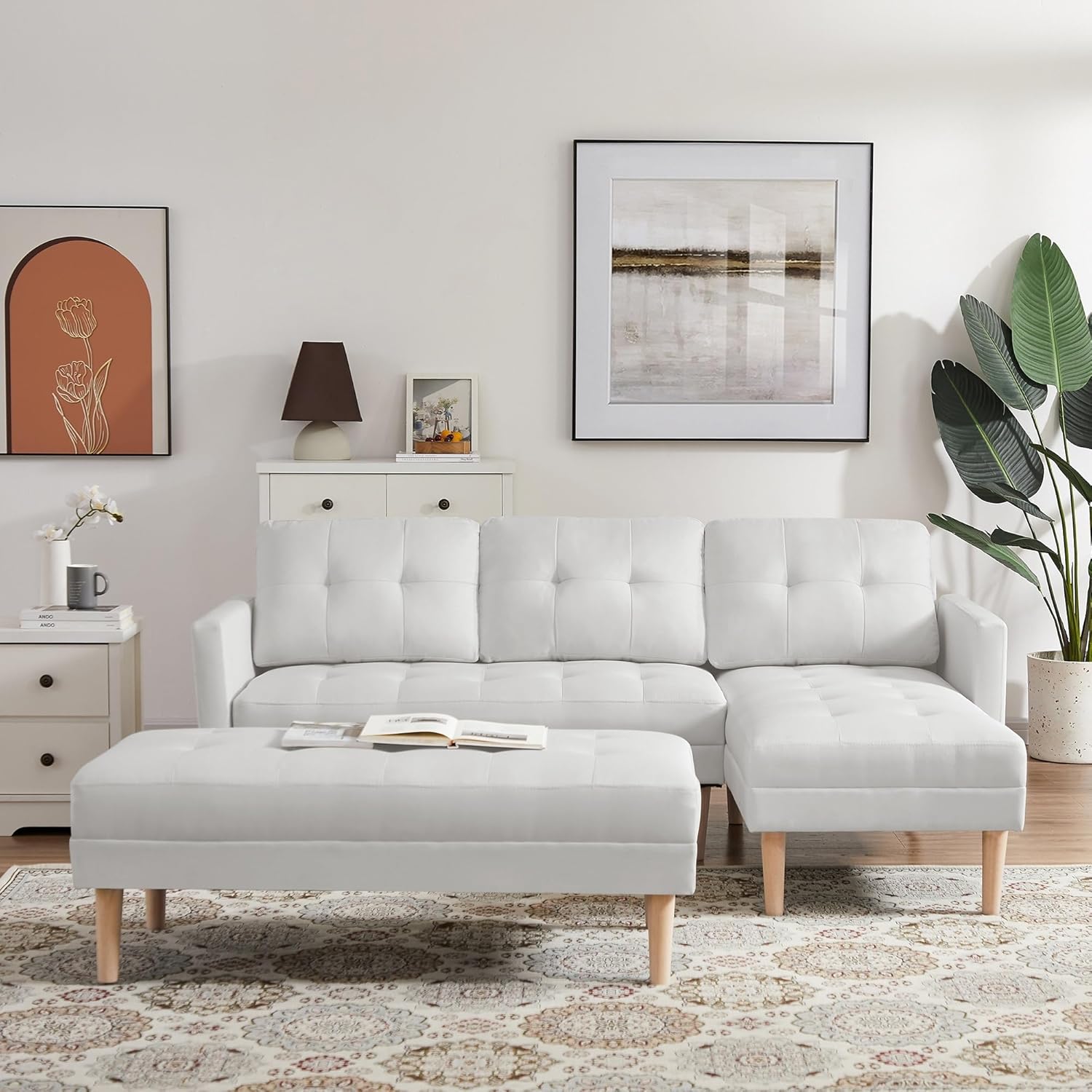 L-Shape Right Facing Sectional Sofa Bed with Ottoman Bench White Mid-Century Modern Pattern Fabric Included