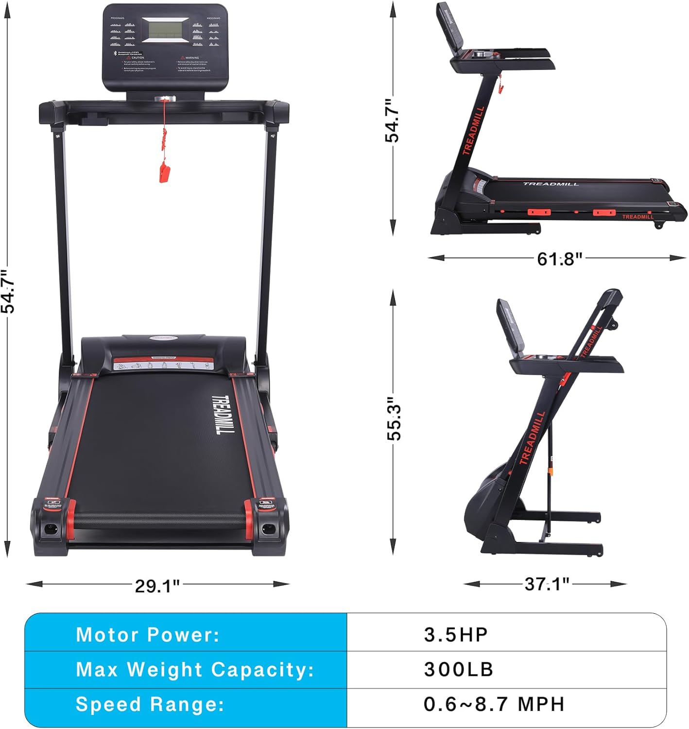 Treadmill with Auto Incline,Running Machine with Heart Sensor,3.5 HP Quiet Brushless,8.7 MPH, Shuttle Buttons,48*18in Running Area,Folding Treadmill for Home Office Indoor Cardio Exercise
