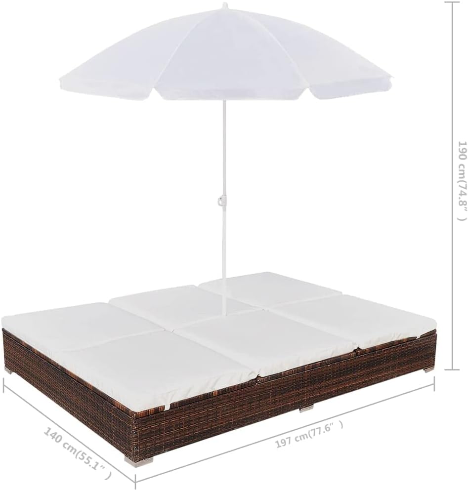 Double Sun Lounger with Cushion and Umbrella | 2-Person Patio Chaise Lounges | Adjustable Outdoor Sunbed | Garden Sunlounger Daybed | Sun Lounge Bed for Pool Beach Bakcyard | Brown Poly Rattan