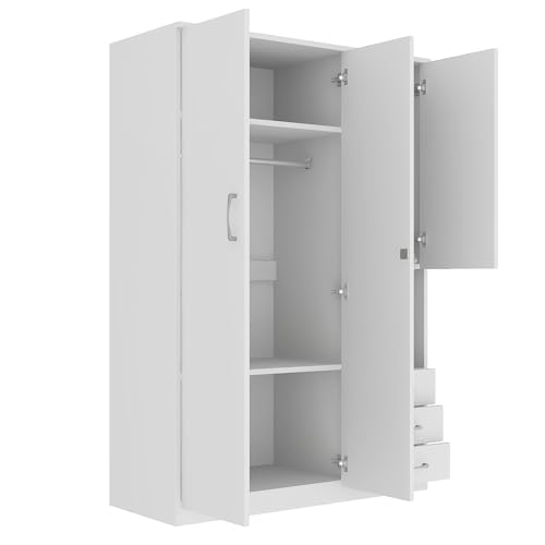 LZ LEISURE ZONE Wardrobe Closet Storage Cabinet with Lockable Doors, Large Wooden Armoire Wardrobe Closet with 3 Drawers, Hanging Rod and Shelves, Bedroom Armoires Wardrobe Clothes Organizer, White