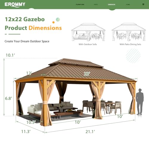 EROMMY 14'x20' Hardtop Gazebo Double Roof Galvanized Steel Canopy Outdoor Aluminum Frame Permanent Metal Pavilion with Netting and Curtains for Patio Backyard Deck and Lawns