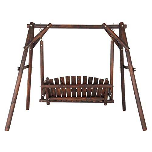 6.5' Outdoor Porch Swing Rustic Loveseat Solid Wooden Natural Log Garden Swing (Carbonized)