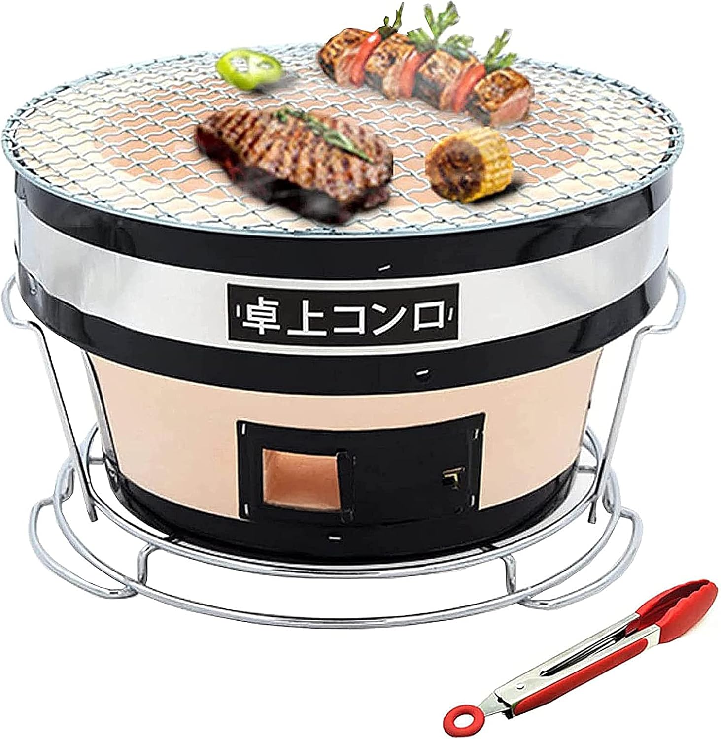 Japanese Ceramic Clay BBQ Hibachi Grill, Round Table Top Charcoal Barbecue Portable Yakitori Charcoal Stove with Tongs for Indoor Outdoor