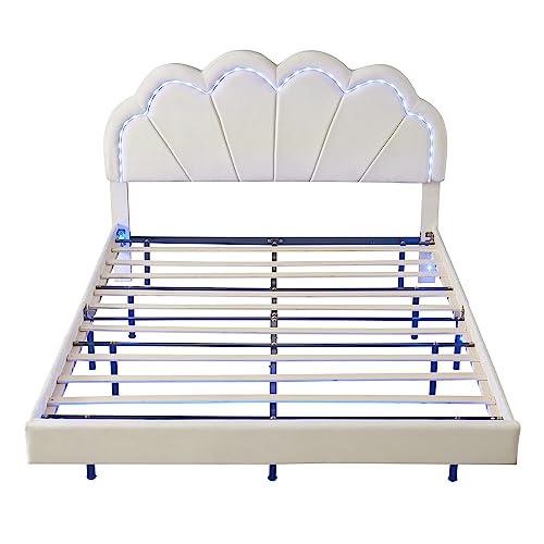 SOFTSEA 2-Pieces Full Bedroom Sets, 2 Pieces Furniture Bedroom Sets Include Full Size Upholstered LED Platform Bed and Storage Ottoman-Velvet, Beige