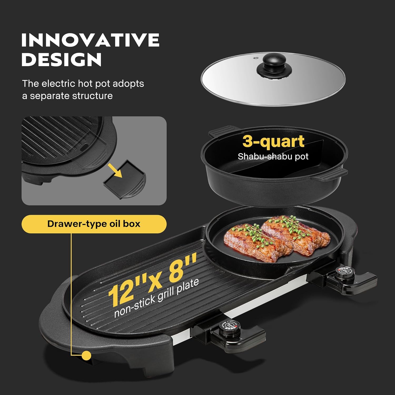 VIVOHOME 2200W Electric Hot Pot with Grill, Removable Shabu-shabu Pot w/Non-stick Baking Pan, Separate Temperature Control 2-IN-1 Hotpot BBQ for 1-6 People Family Dinning