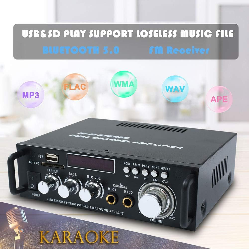 Bluetooth 5.0 Stereo Audio Amplifier Receiver – 300W HiFi Dual Channel Sound Receiver w/USB,SD Card,FM Radio,2 Microphone Input,Remote Control Mini Hi-Fi Karaoke Integrated Amp
