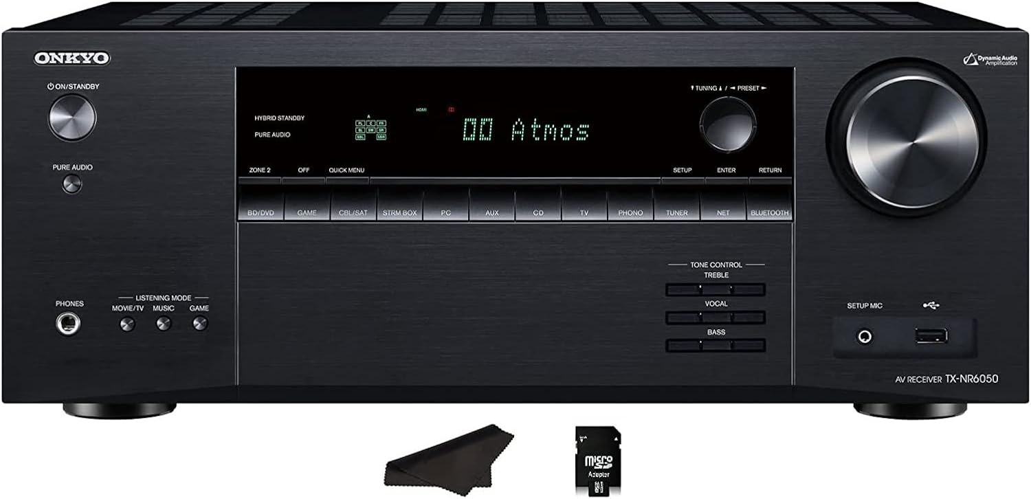 Onkyo TX-NR6050 7.2 Channel Network Home Theater | Smart AV Receiver | 8K/60, 4K/120Hz | 90W | HDR | VRR | DTS | Dolby Atmos | ALLM | QFT | Includes Kwalicable Micro SD Card & Cleaning Cloth