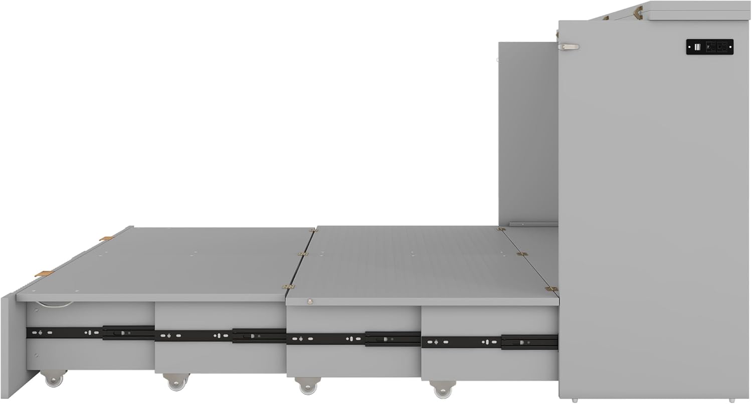 Full Size Murphy Bed Wall Bed with Storage Drawers, Foldable Platform Bed with A Set of Sockets, Cabinet Bed for Home Office or Small Room, Pulley Structure Design (Gray-Full Size-USB Ports)