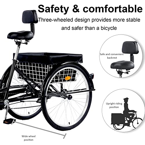 EMYJAY Tricycle for Adults, 24 inch Three-Wheeled Bicycles Cruiser Trike 3 Wheels Bike with Large Basket for Shopping Picnic Outdoor Sports Men Women