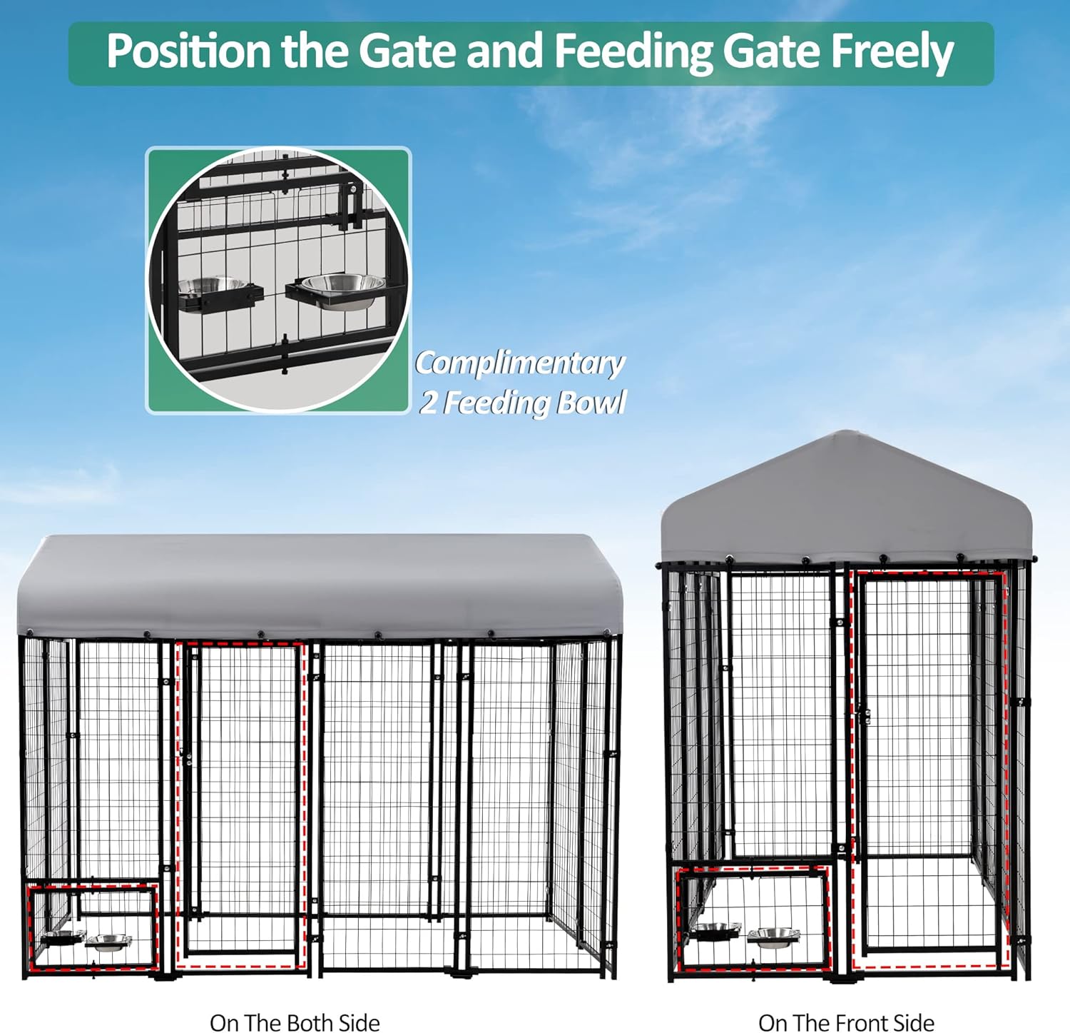 Large Dog Kennel Outdoor Dog House, Heavy Duty Welded Wire Steel Fence Dog Cage with Waterproof UV-Resistant Cover, Feeding Door and Secure Lock (8x4x6 ft)