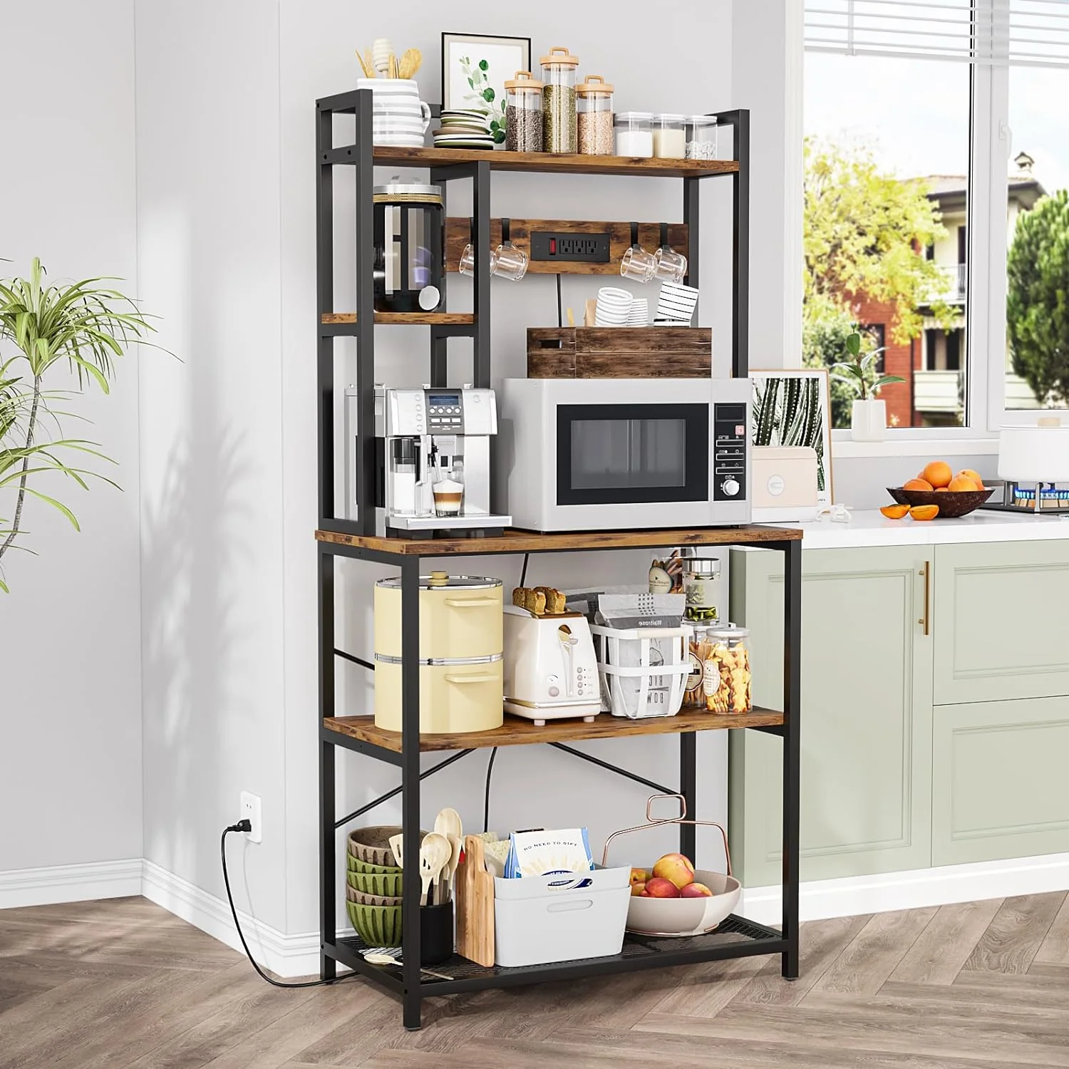 5-Tier Bakers Rack for Kitchens with Power Outlet, 31.5 Inch Microwave Stand, Freestanding Metal Kitchen Rack with Hooks, Coffee Bar Station, Rustic Brown