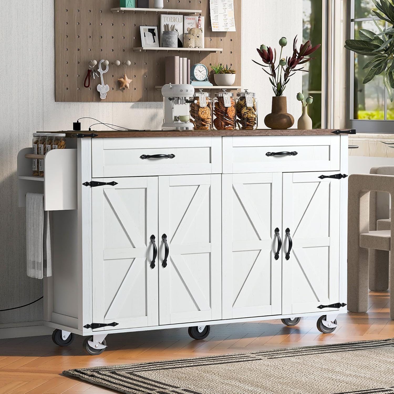 53.5Inch Kitchen Island with Power Outlet, Storage Cabinets Trolley with Drop Leaf, Spice Rack and Drawer, Rolling Kitchen Cart on Wheels, for Farmhouse and Dining Room, White