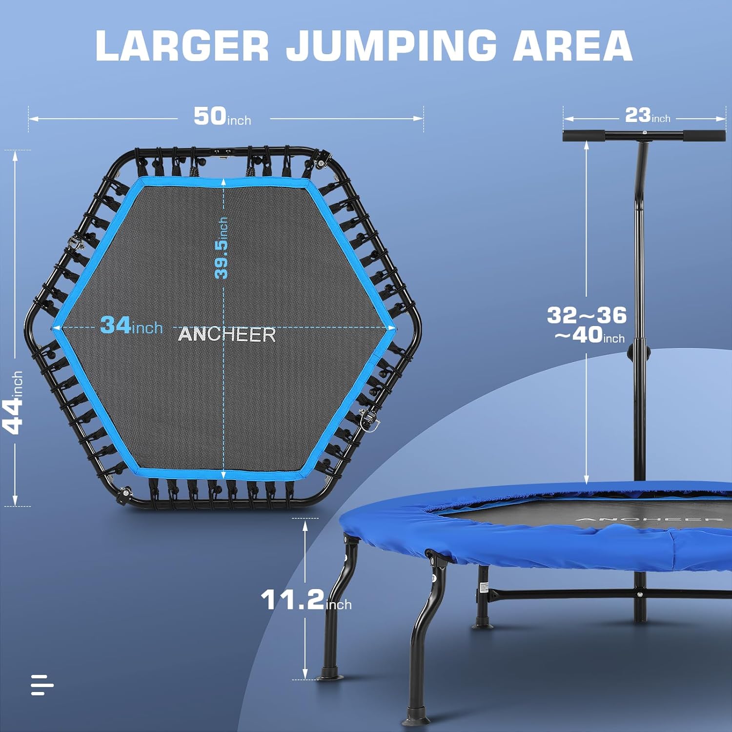 ANCHEER 40/50" Foldable Mini Trampoline Max Load 450/550lbs, Fitness Trampoline with Bungees, Adjustable Foam Handle, Indoor Exercise Trampoline for Adults Inoor/Garden Workout