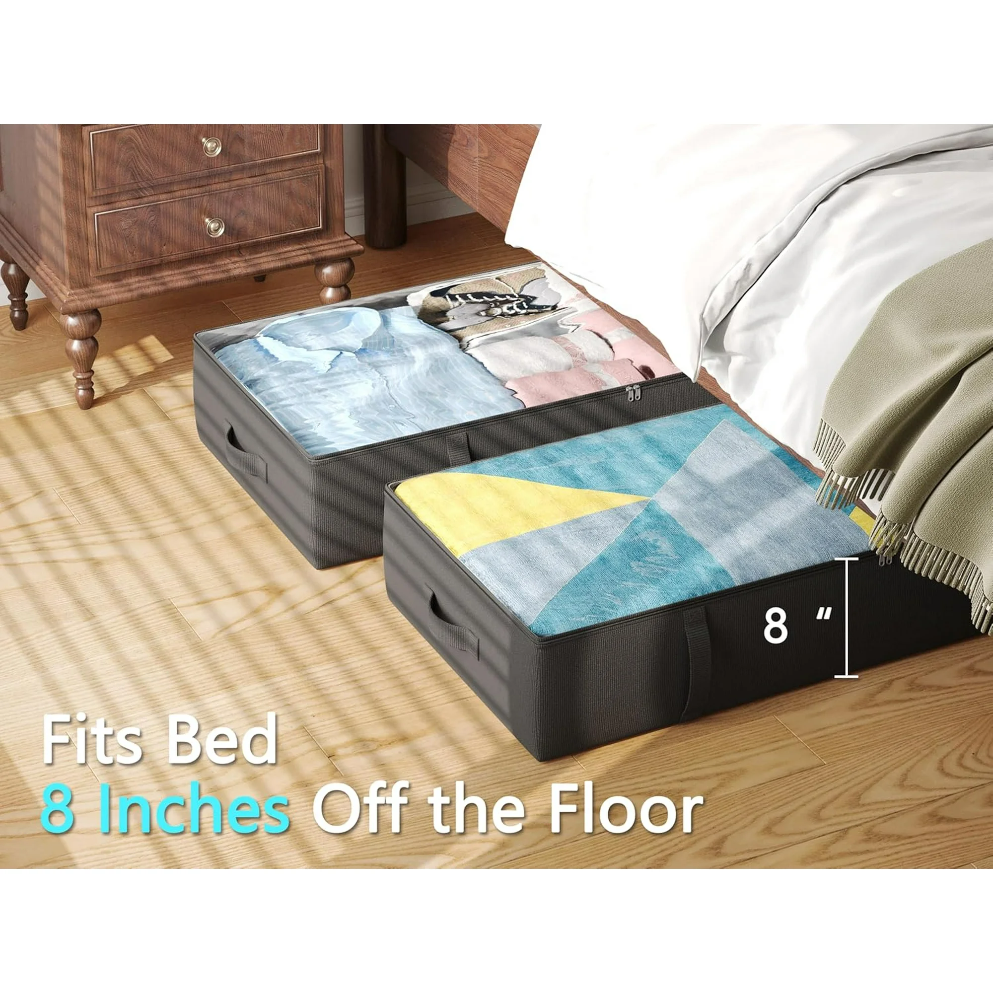 2-Pack Under Bed Storage Containers, 8 Inches Tall Underbed Clothes Storage Organizer Bin with Sturdy Sidewalls/Bottom, Under the Bed Storage Bags 2 Storage Bins, Beige