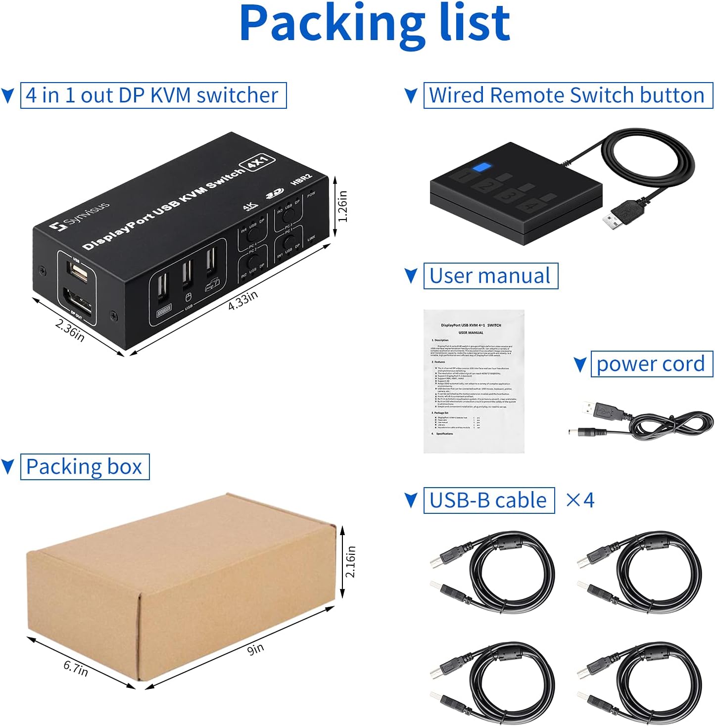 Synvisus DisplayPort KVM Switch 4 Port 3D UHD 4K@60Hz, 2K@120Hz 4 in 1 Out USB and DP1.2 KVM Switcher, with 4 USB Cables