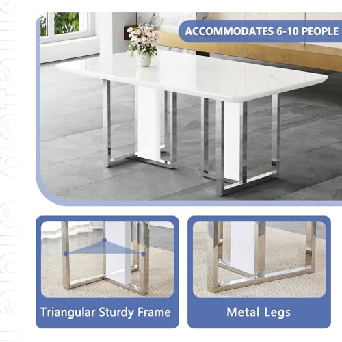 Dining Table Set for 6,Kitchen Table Chairs Set with Glossy Faux Mareble Table Top,67in White Rectangle Dining Room Table Set for 6,7 Piece Kitchen Table and Chairs Set for Kitcken Dining Room