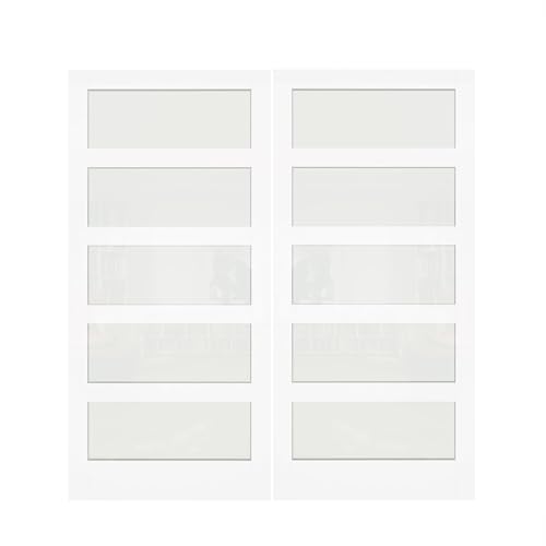 Double Sliding Pocket Door 60"（30" x2） x 80" - 5 Lites Tempered Frosted Glass Panels, Interior & Closet Single Door Slab, White Primed - Panel Assembly (Needed without Hardware Kit