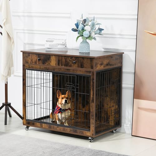 Wooden Furniture Style Dog Crate with 2 Drawers,Indoor Double Doors Doggy House End Table,W/Wire Mesh and Cross-Thickened Iron Bars,Chew-Proof,for Small Pet,Grey,31.7" L×23.2" W×33" H