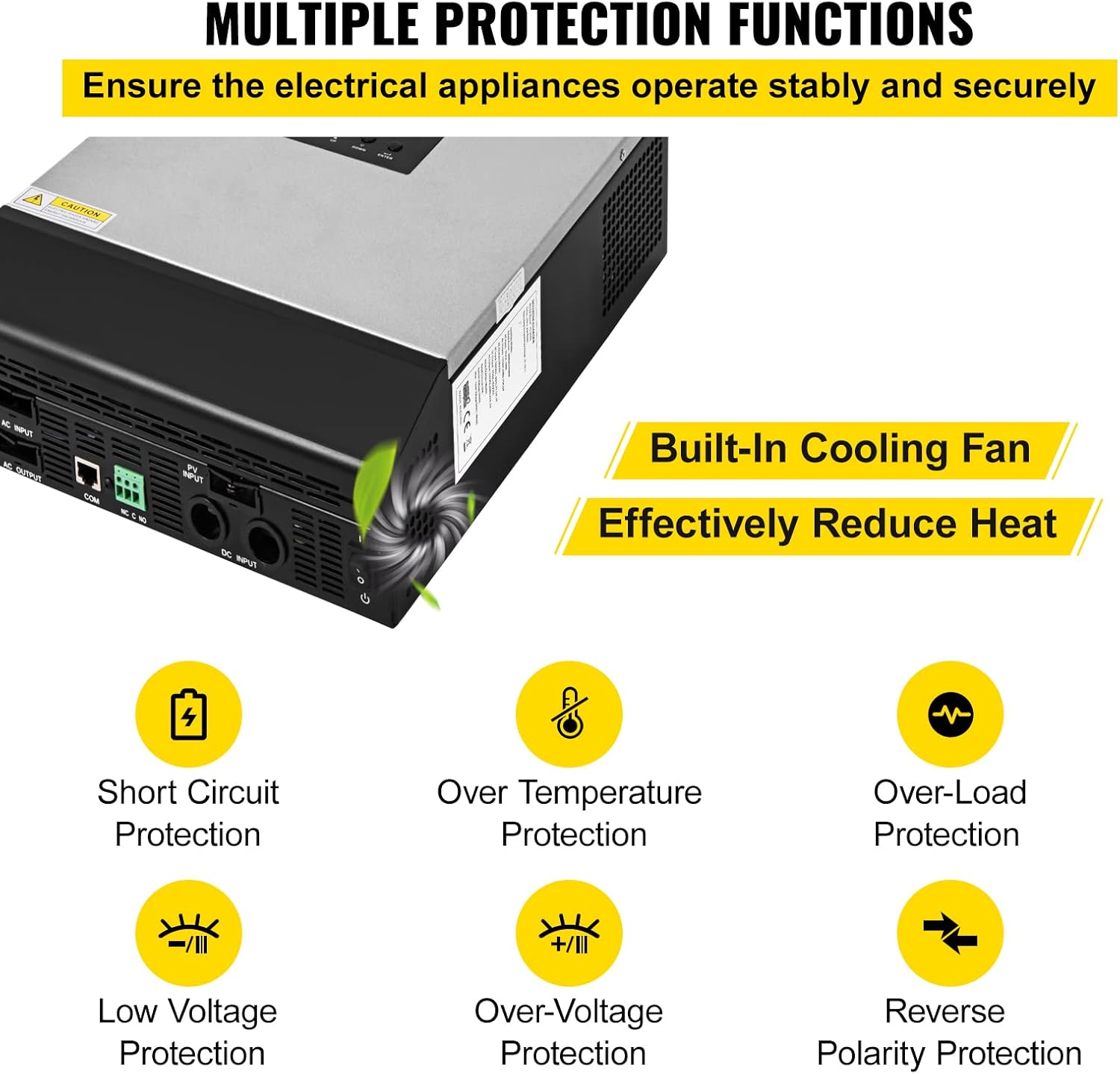 VEVOR Hybrid Solar Inverter, 3KVA 2400W, Pure Sine Wave Off-Grid Inverter, 24VDC to 110VAC Multi-Function Inverter with Build-in 50A PWM Solar Charge Controller, Support Utility/Generator/Solar Energy