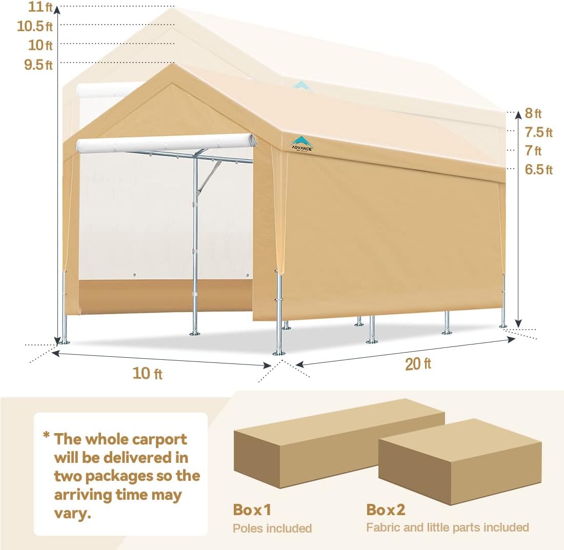 ADVANCE OUTDOOR Adjustable 10x20 ft Heavy Duty Carport Car Canopy Garage Shelter Boat Party Tent, Adjustable Heights from 9.5ft to 11.0ft, Removable Sidewalls and Doors, Beige