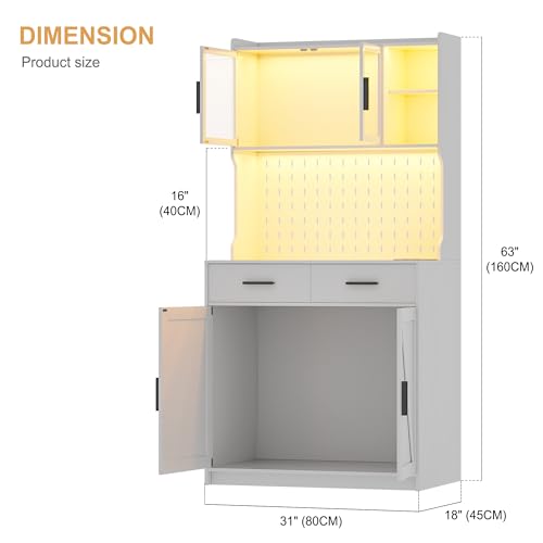 LED Kitchen Pantry Cabinet with Outlets, Farmhouse Storage Cabinet with Drawers & Adjustable Shelves, 64" Cupboard with Pegboard and Hooks for Dining Room (White)