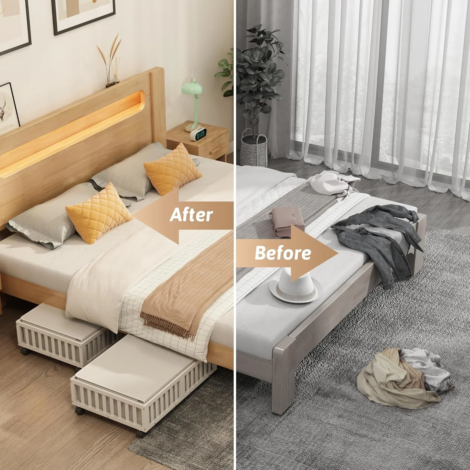 Under Bed Storage Containers with Wheels, 2 Pack Under the Bed Shoe Storage Bins, Large Wood Rolling Underbed Drawers Organizer for Bedroom Sheet Clothes Comforter, Under Crib Toy Storage White