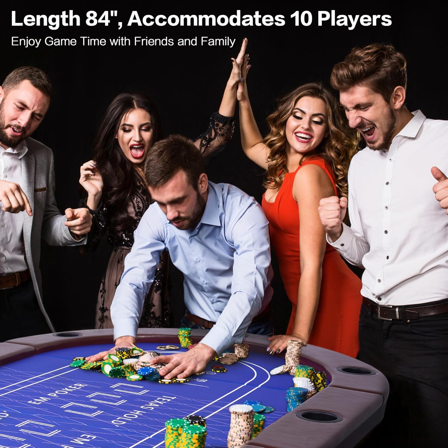 10 Player Poker Table Foldable, 84" Folding Blackjack Texas Holdem Table, Portable Casino Leisure Card Board Game Table with Cup Holders and Padded Rails for Game Room (Brown)