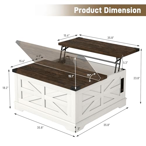 36" Farmhouse Movable Lift Top Coffee Table with Storage and Power Outlets, Square Wood Living Room Tables with Wheels&Large Hidden Space, Lift Wooden Barn Door Center Table, White