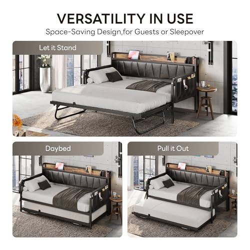 LIKIMIO Daybed with Trundle Bed, Twin Bed Frame with Storage Headboard and Charging Station, Sofa Day Bed with Strong Supports for Living Room, Bedroom, and Guest Room, Grey