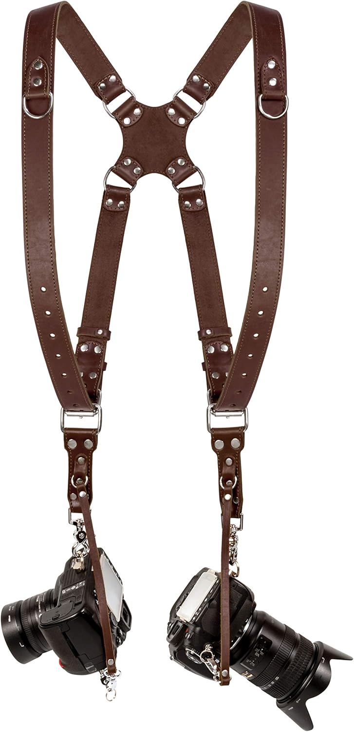 Camera Strap Accessories for Two-Cameras – Dual Shoulder Leather Harness – Multi Camera Gear for DSLR/SLR strap by C Coiro