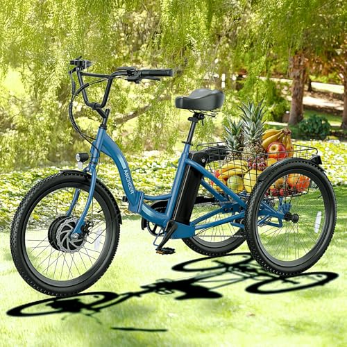 ANCHEER Electric Tricycle for Adults, 350W(Peak 550W) Etrike, 48V/499Wh Ebike, 24" Folding 3 Wheel Electric Trike, 15.5MPH & 55Miles Electric Bike, Rear Differential, Rear Basket