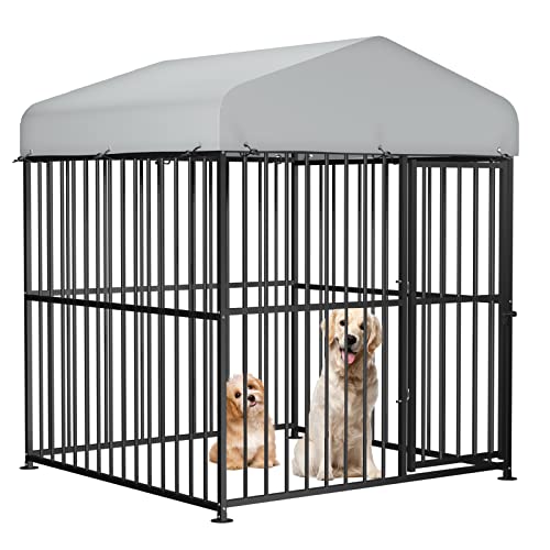 VIVIJASON 4 x 4 x 5 Ft Large Outdoor Dog Kennel, Heavy Duty Metal Frame Dog Cage with Thickened Bars, UV & Waterproof Cover, Outside Pen Playpen Dog Run House for Large to Small Dogs