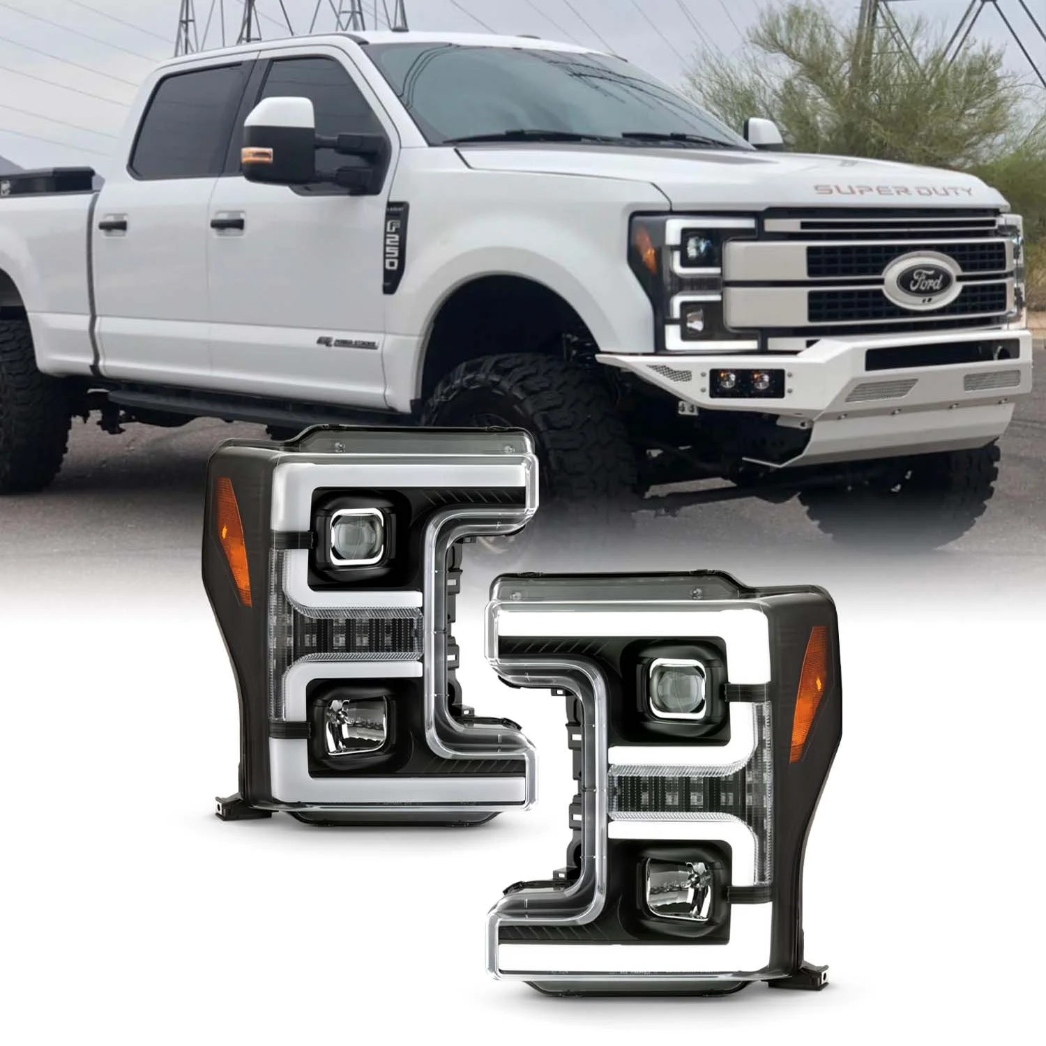 AKKON - Fits 2017-2018 Ford F250 / F350 / F450 Superduty Halogen [Tube Bar] Projector Black Headlights w/ Sequential LED Signal