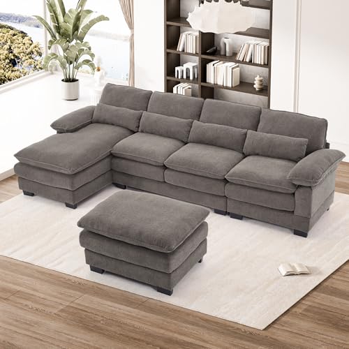 OUYESSIR 114" U Shape Sectional Sofa Cloud Couch for Living Room, Upholstery Comfy Modular Sofa, 4 Seat Chenille L-Shaped Sleeper Sofa with Chaise Lounge, Ottoman & Pillows,Beige White