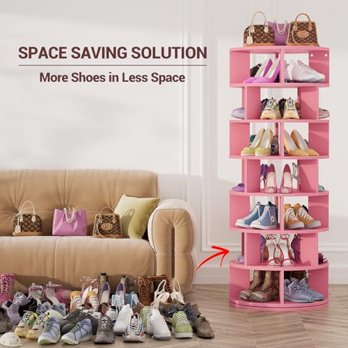 Aheaplus Rotating Shoe Rack Tower, 7-Tier Spinning Shoe Rack 360 Revolving Shoe Rack Organizer for Closet, Display Round Storage Carousel Shoes Closet Organization, White