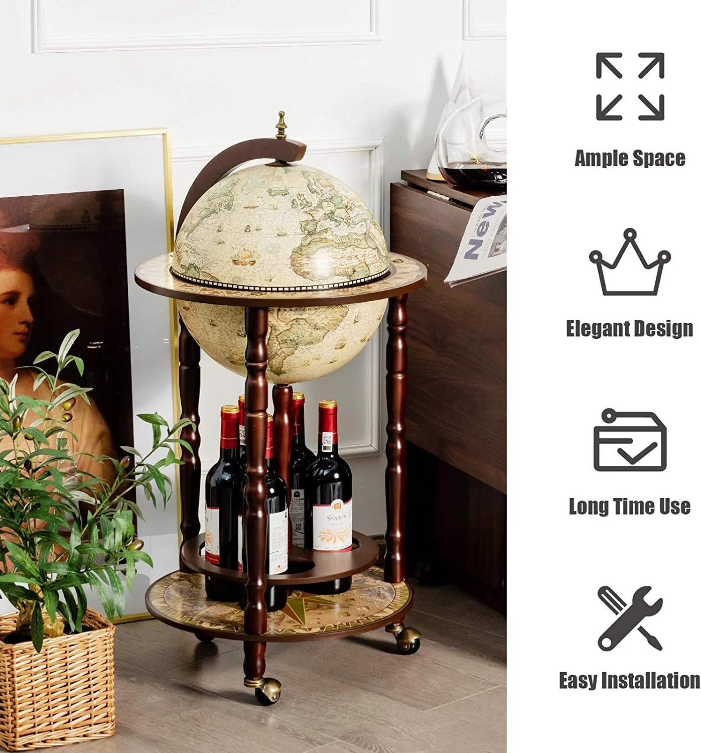 17.5” Globe Bar, Wood Globe Bar Cart with Wheels & Liquor Bottle Shelf, 16th Century Italian Replica Liquor Cabinet, for Living Room, Dining Room, Home, Creamy White