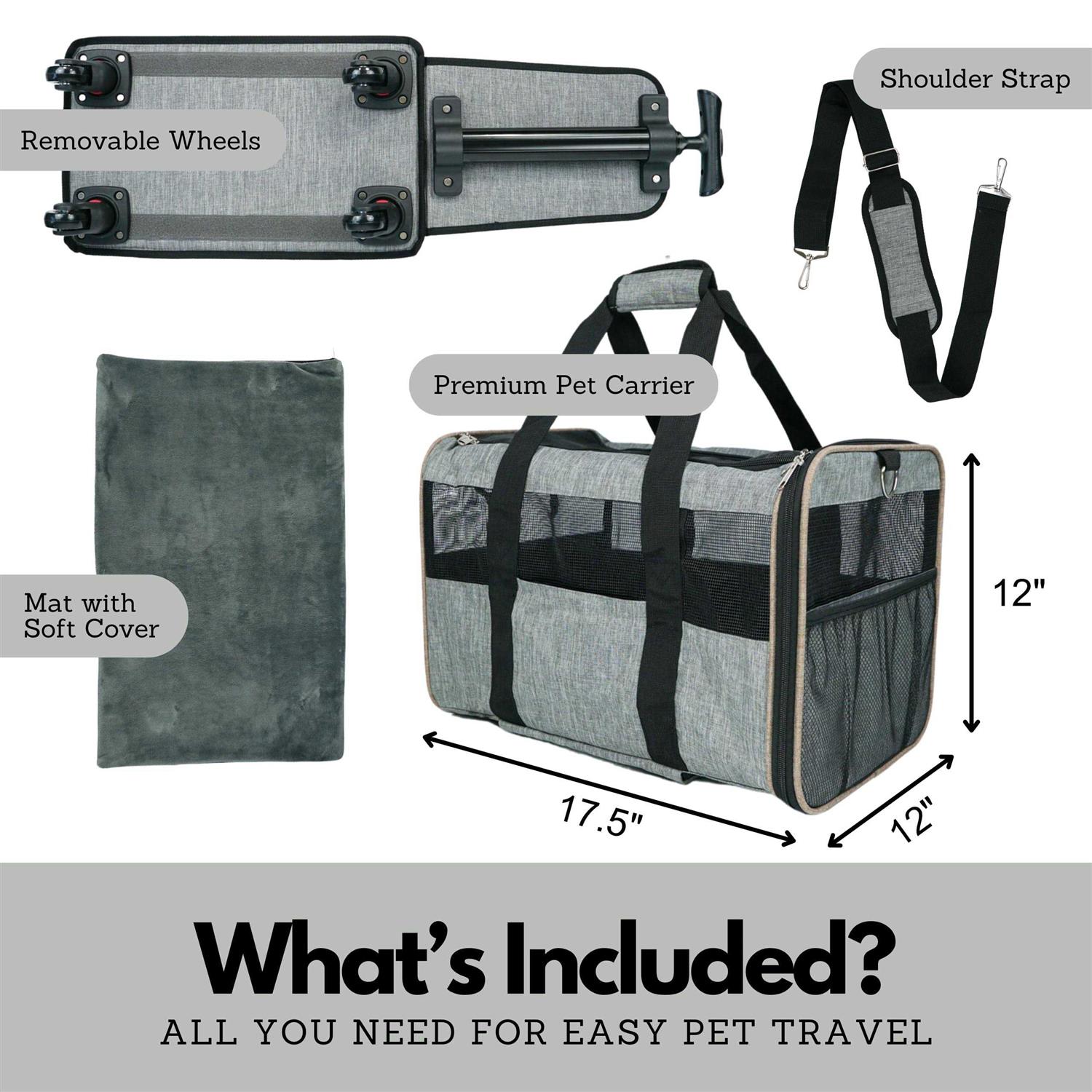 Pet Carrier with Wheels – Airline Approved – Rolling Pet Carrier – Soft Dog &amp; Cat Travel Carrier - Pet Supplies online store